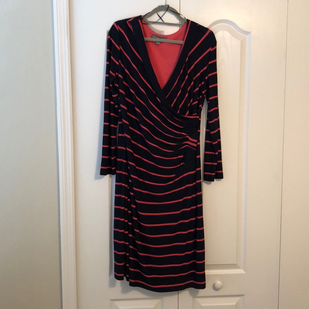 Navy and Coral Faux Wrap Dress